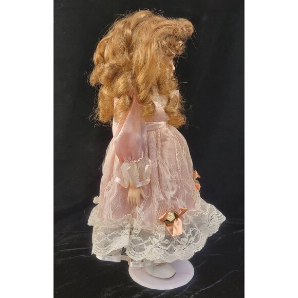 Vintage Collectible Porcelain Doll with Pink Satin and Lace Dress - Picture 2 of 15